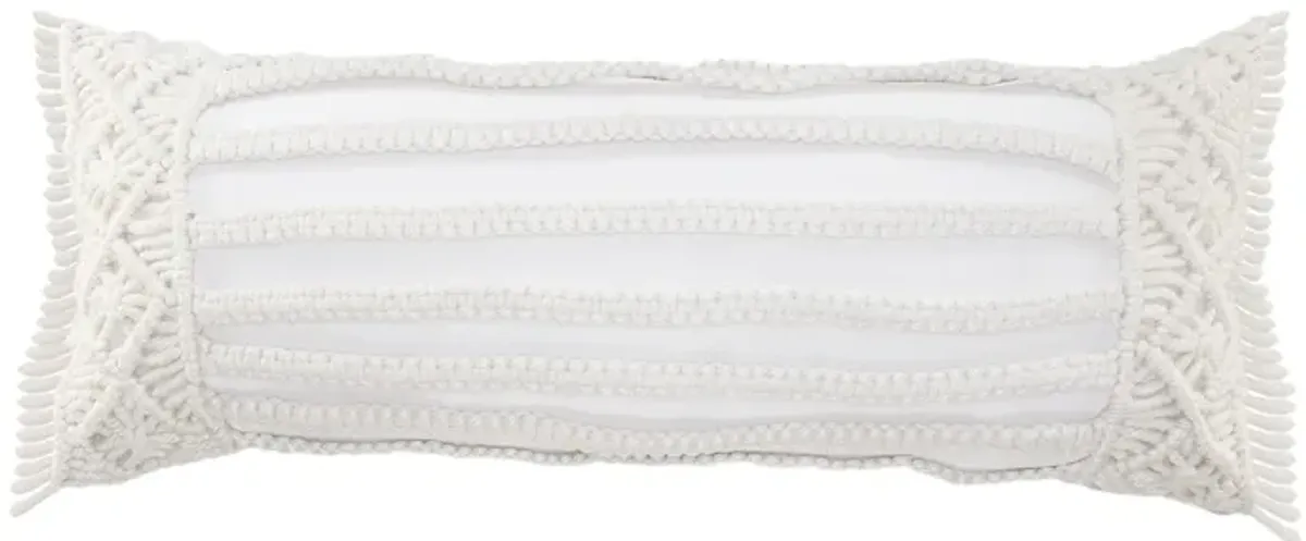 36" White Macrame Outdoor Lumbar Throw Pillow
