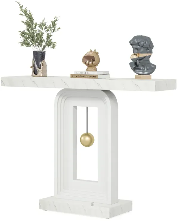 Modern Console Table, 40 Inches Narrow Sofa Entryway Table with Pendulum Shape Base, Contemporary Wood Accent Table for Living Room Hallway Entrance, Faux Marble White