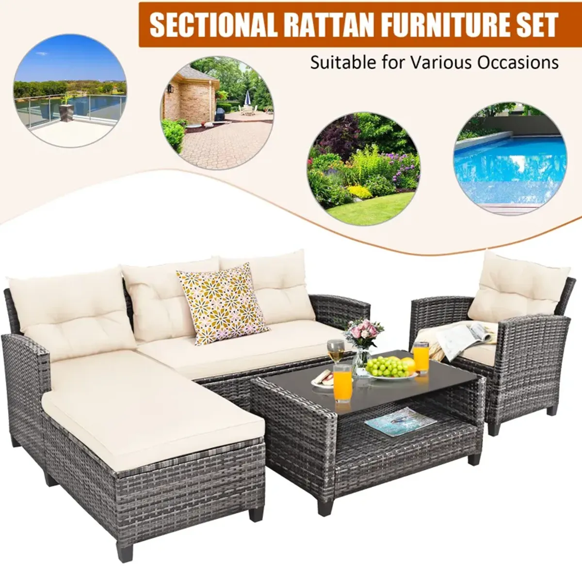 4 Pieces Patio Rattan Furniture Set with Cushion and Table Shelf-Off White