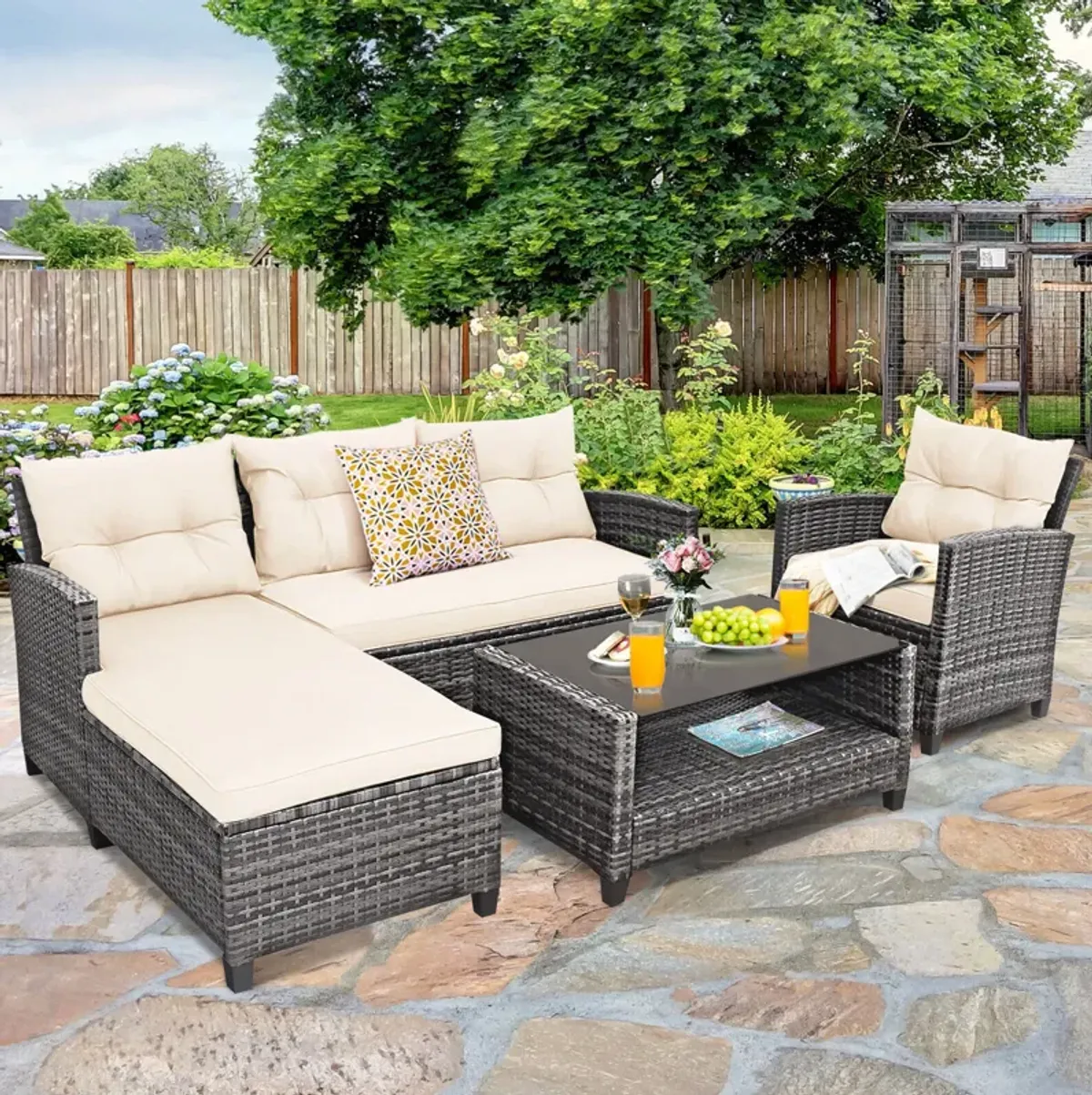 4 Pieces Patio Rattan Furniture Set with Cushion and Table Shelf-Off White