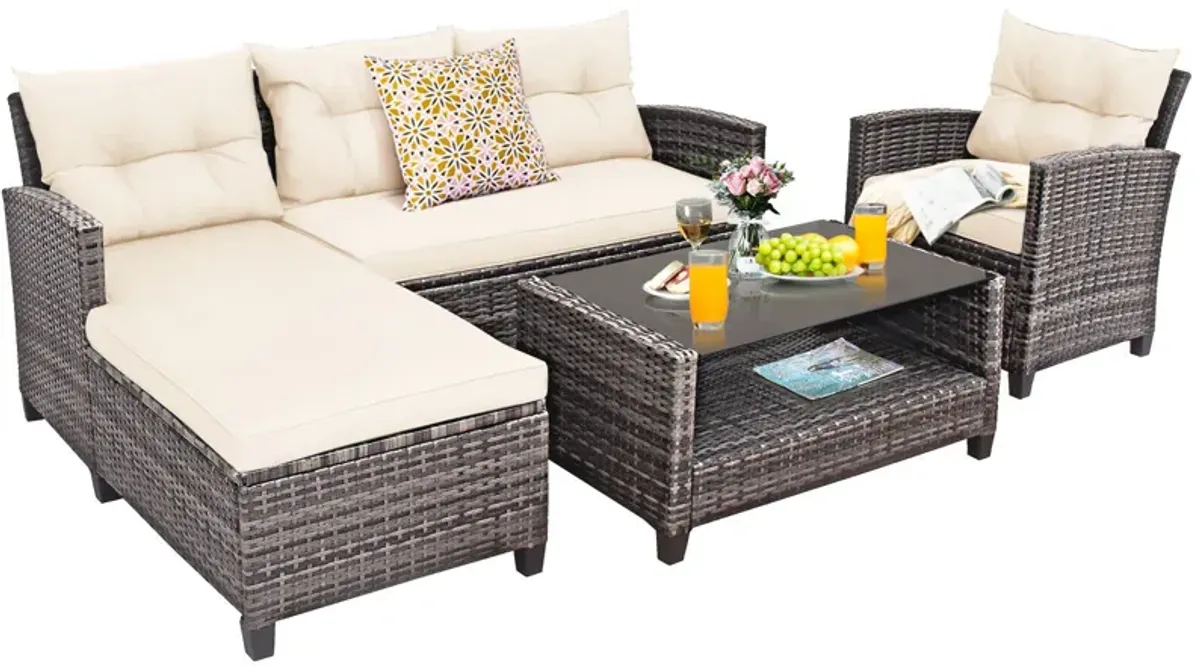 4 Pieces Patio Rattan Furniture Set with Cushion and Table Shelf-Off White