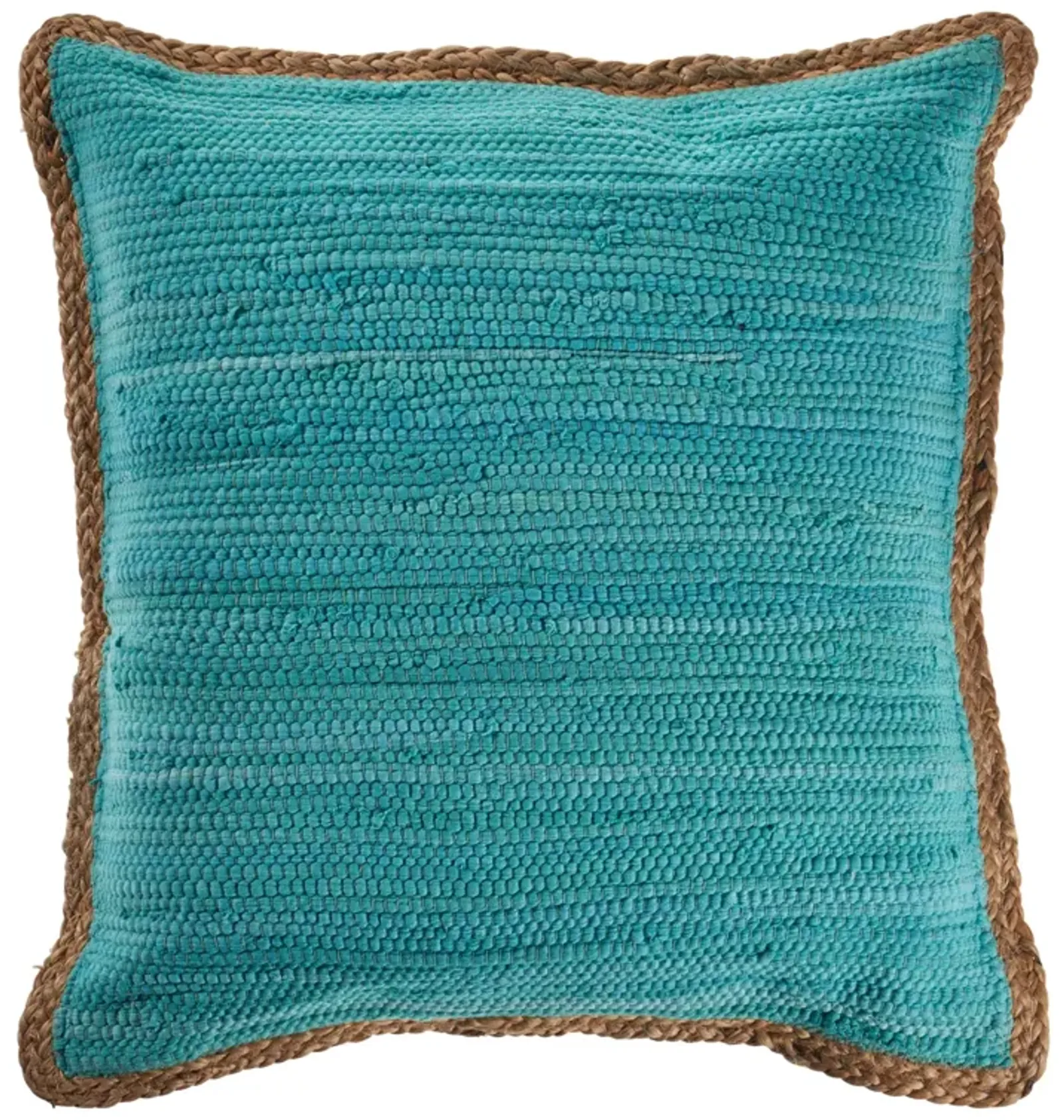 20" Turquoise Blue and Tan Handmade Bordered Square Throw Pillow