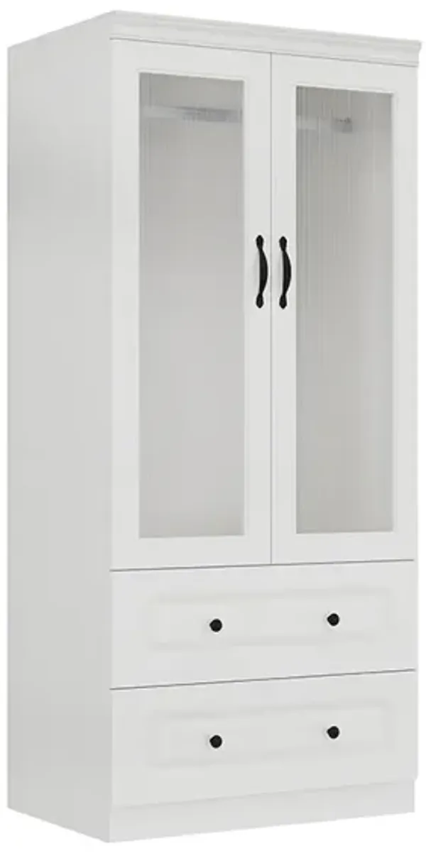 Armoire Wardrobe with 2 Glass Doors and 2 Drawers, Armoire Wardrobe Closet with Hanging Rod, Wood Storage Wardrobe for Large Storage, Armoires and Wardrobes for Bedroom White