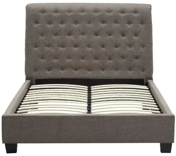 Rue Low Profile King Bed, Button Tufted Uphosltered Rolled Back, Gray - Benzara