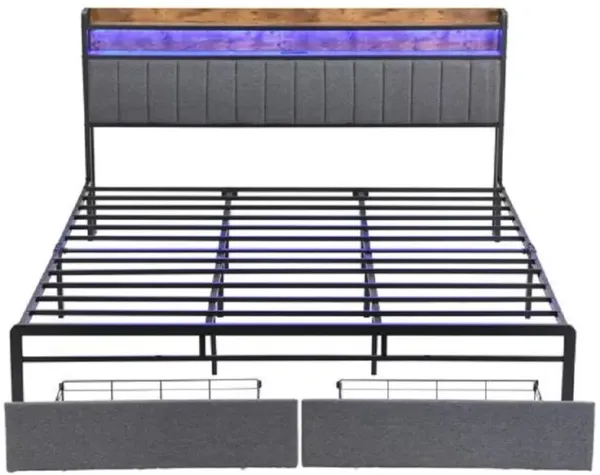 Bed Frame with LED Headboard, Storage Drawers & Charging Station