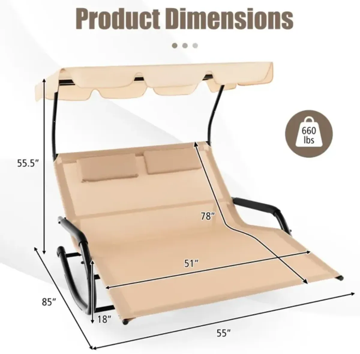 Hivvago Outdoor 2 Persons Rocking Chaise Lounge with Canopy and Wheels