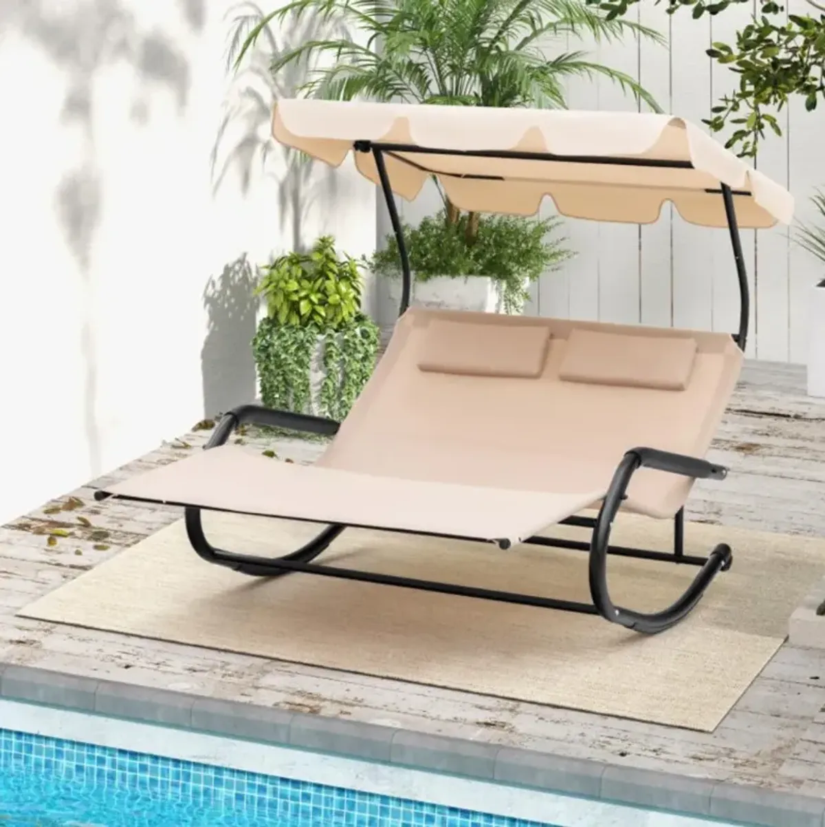 Hivvago Outdoor 2 Persons Rocking Chaise Lounge with Canopy and Wheels