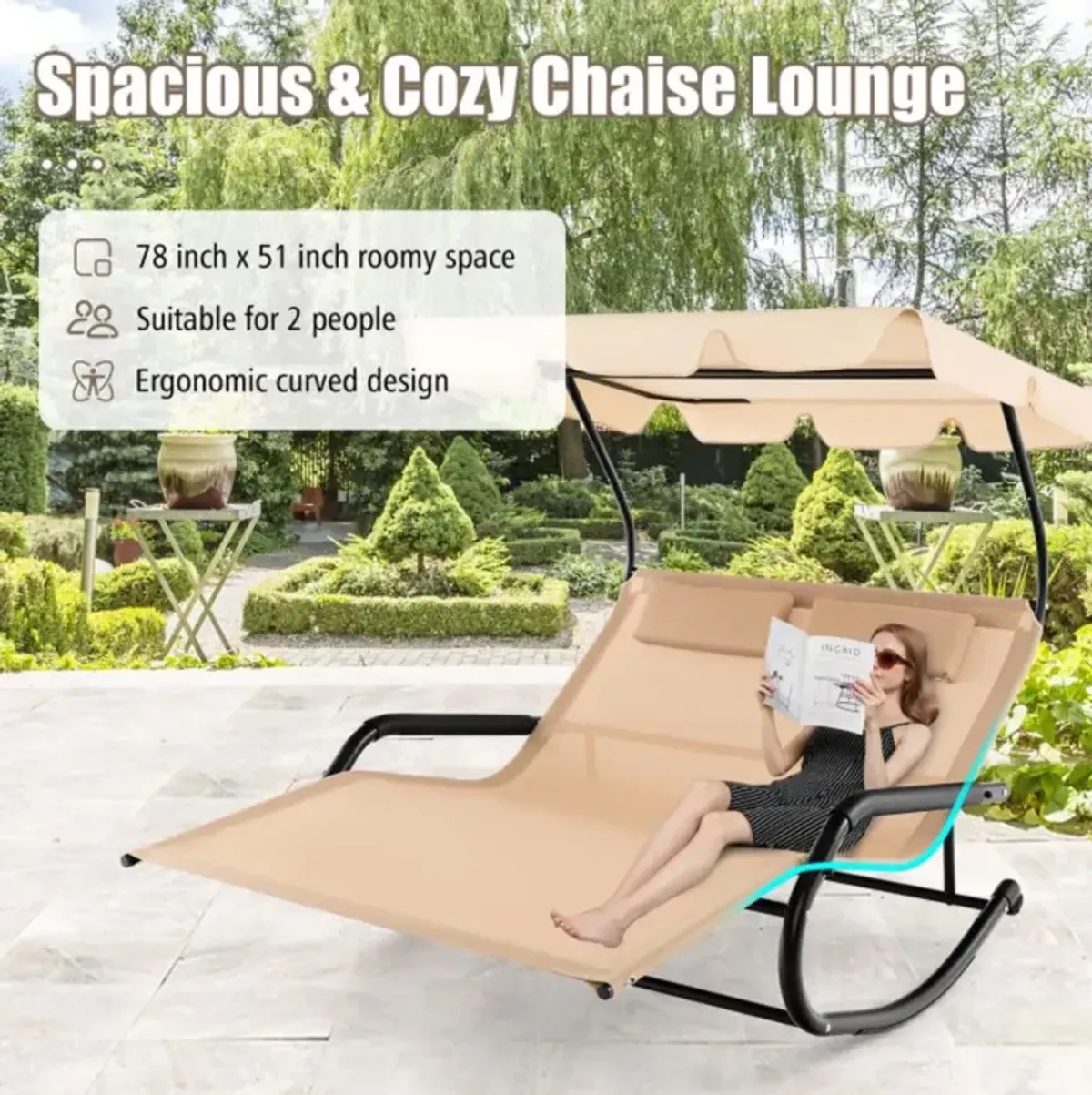 Hivvago Outdoor 2 Persons Rocking Chaise Lounge with Canopy and Wheels