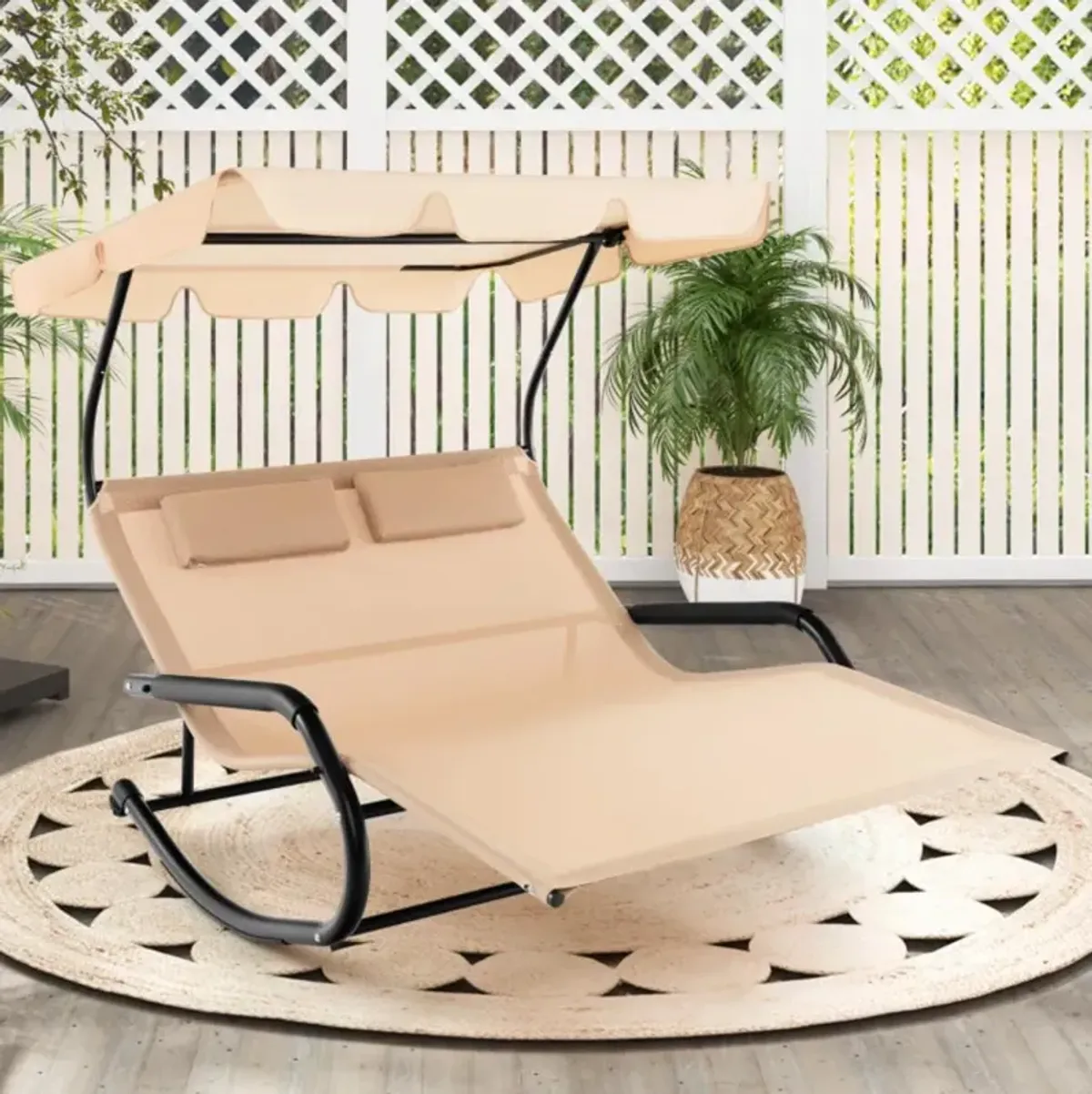 Hivvago Outdoor 2 Persons Rocking Chaise Lounge with Canopy and Wheels