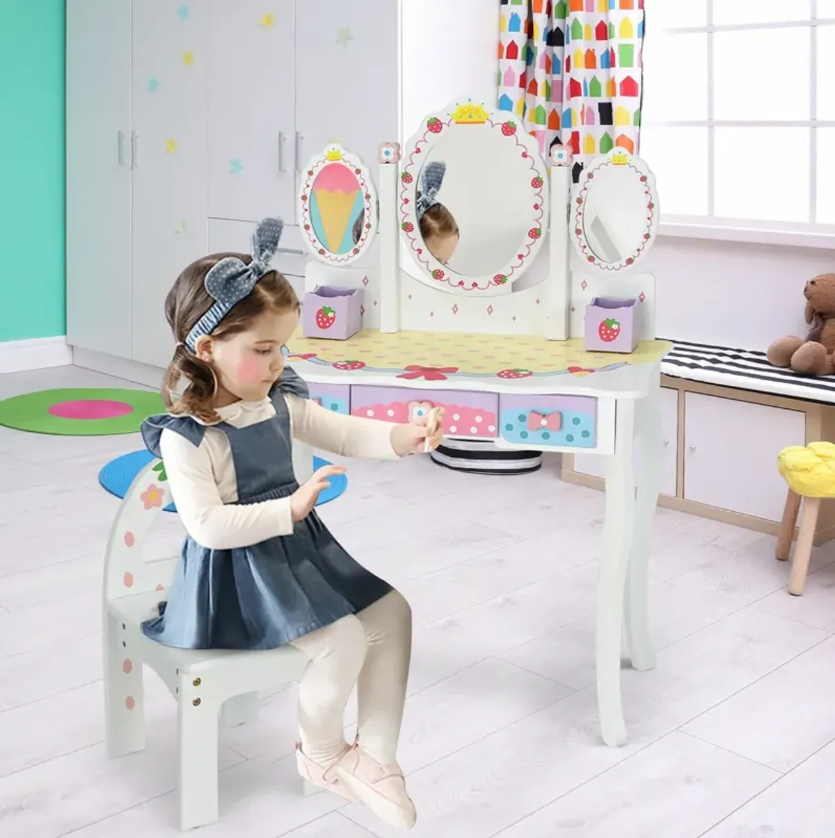 Kids Vanity Princess Makeup Dressing Table Chair Set with Tri-fold Mirror