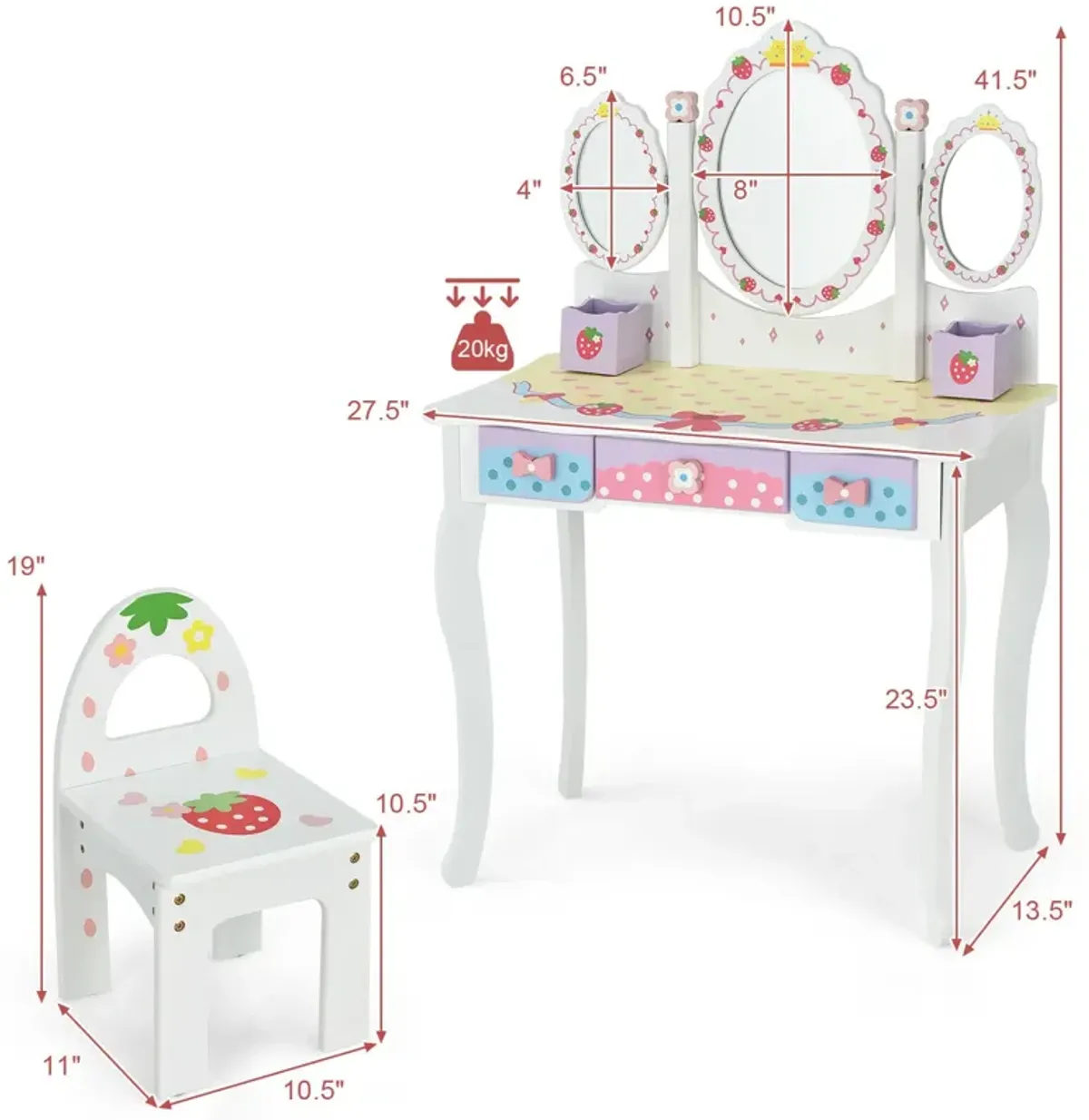 Kids Vanity Princess Makeup Dressing Table Chair Set with Tri-fold Mirror