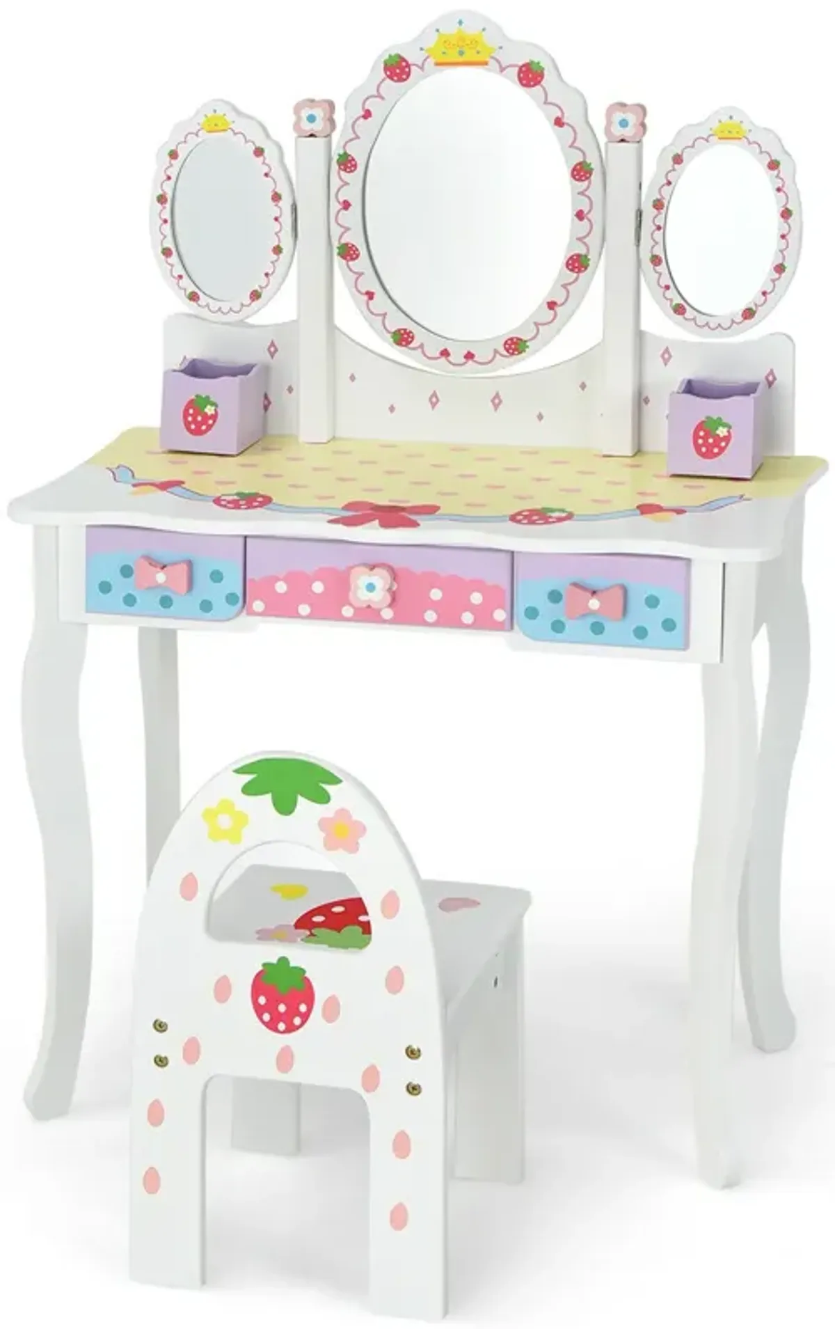 Kids Vanity Princess Makeup Dressing Table Chair Set with Tri-fold Mirror