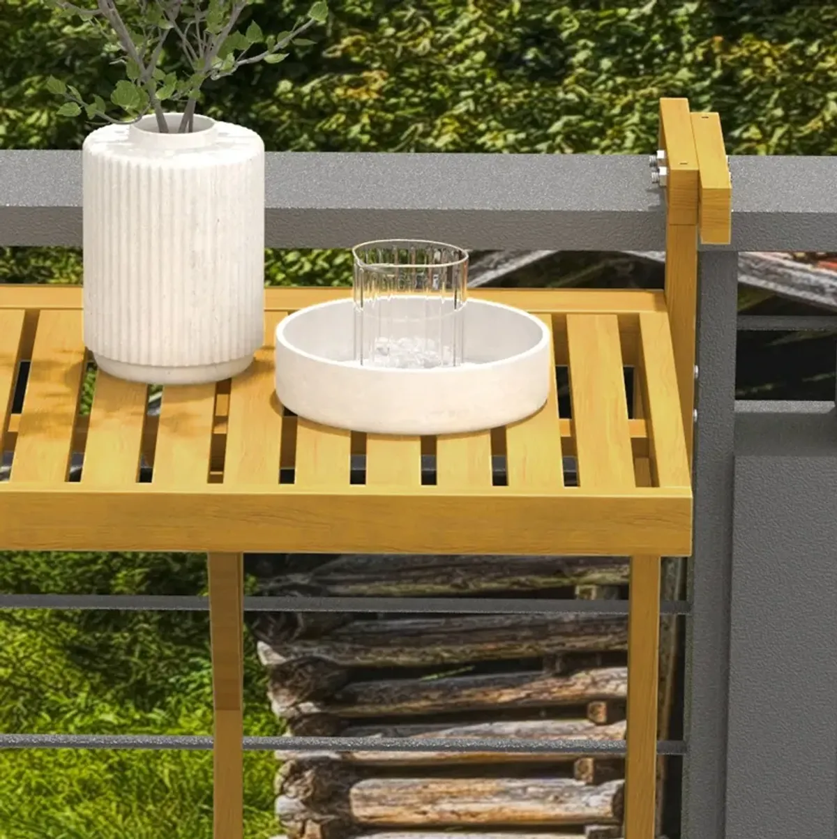 Outsunny Railing Table w/ Adjustable Height, Outdoor Hanging Table, Natural