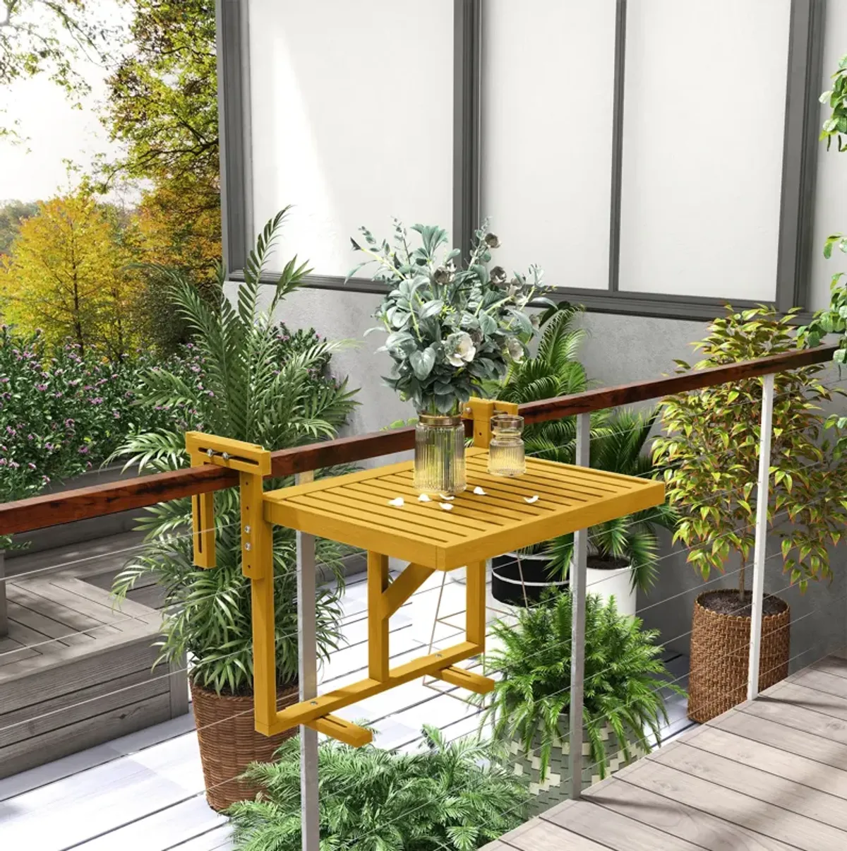 Outsunny Railing Table w/ Adjustable Height, Outdoor Hanging Table, Natural