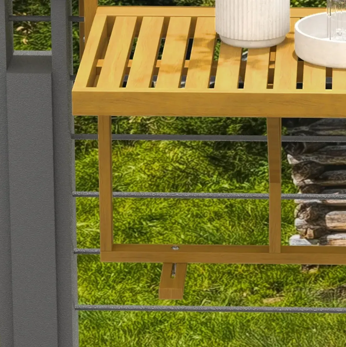 Outsunny Railing Table w/ Adjustable Height, Outdoor Hanging Table, Natural