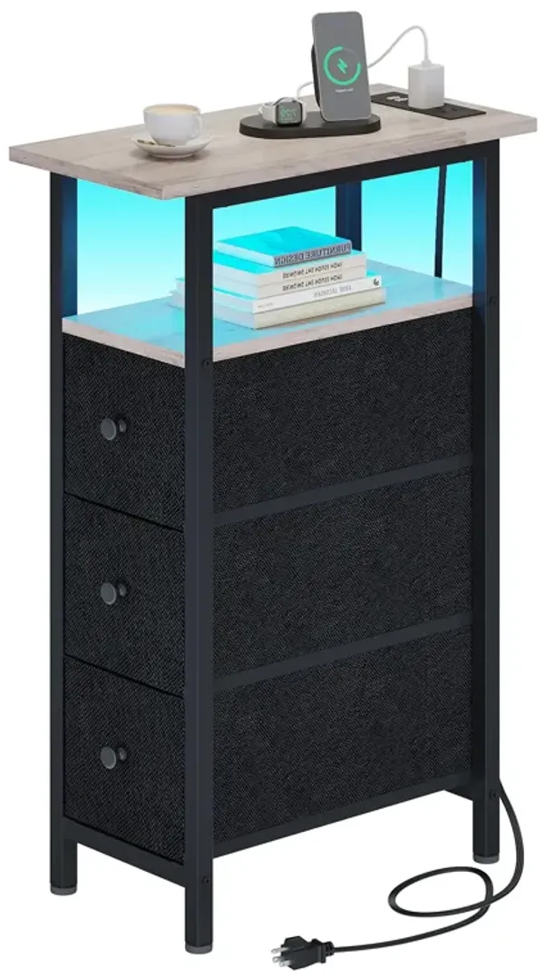 TRIFEBLE End Table with Charging Station, Narrow Side Table with 3 Fabric Drawers, Skinny Nightstand with LED Light, Slim Bedsid