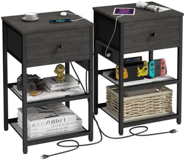 LTTDOUK Nightstands Set of 2 with Charging Station, Bedside Tables with Fabric-Wood 2-in-1 Drawer, End Table for Small Spaces, G