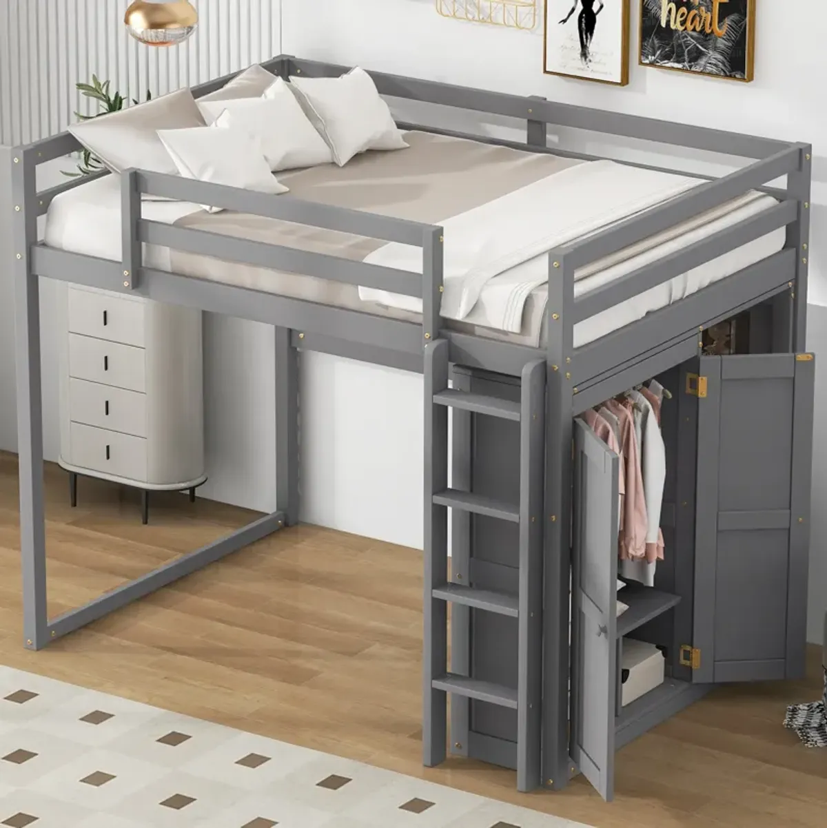 Merax Loft Bed with Wardrobe and Storage Shelves