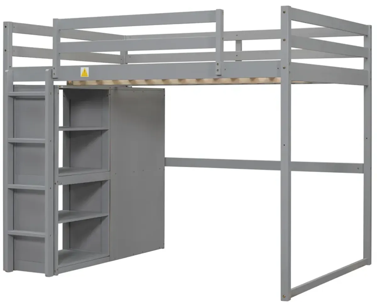 Merax Loft Bed with Wardrobe and Storage Shelves