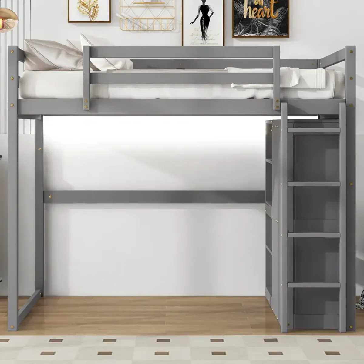 Merax Loft Bed with Wardrobe and Storage Shelves