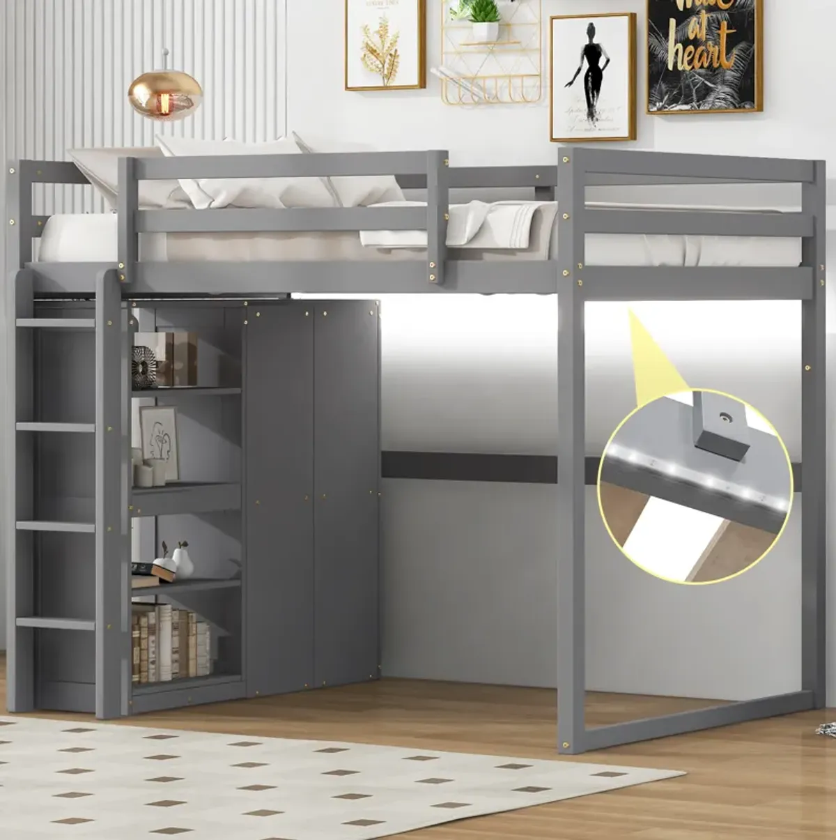 Merax Loft Bed with Wardrobe and Storage Shelves