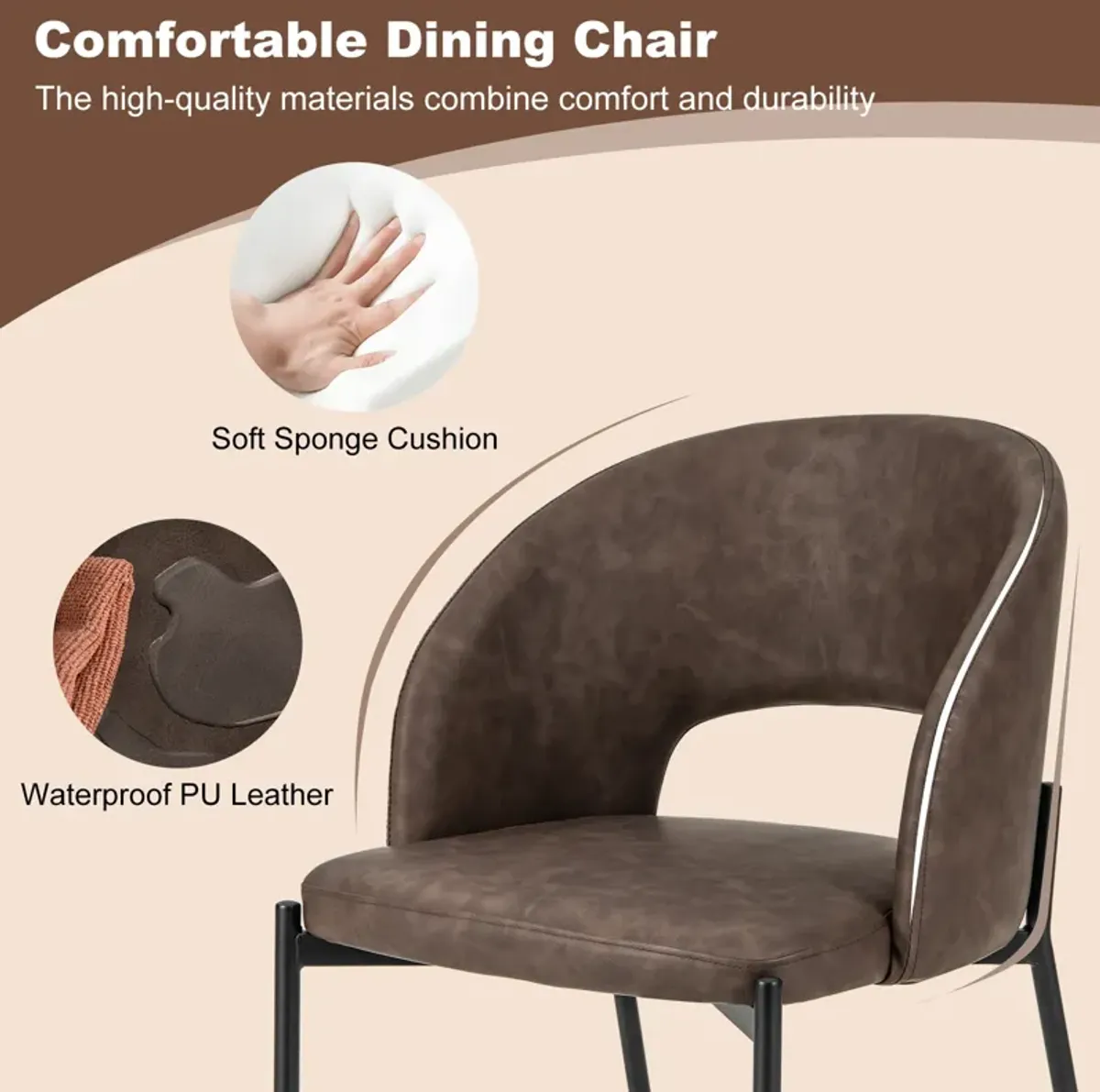 Dining Chair Set of 2 with High-density Sponge Cushion and PU Leather