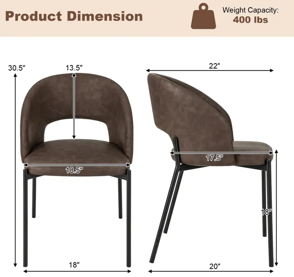 Dining Chair Set of 2 with High-density Sponge Cushion and PU Leather