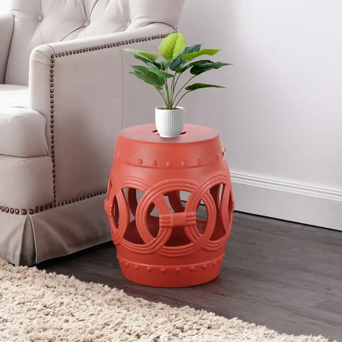 Lucky Coins 16" Chinese Ceramic Drum Garden Stool, Matte Coral