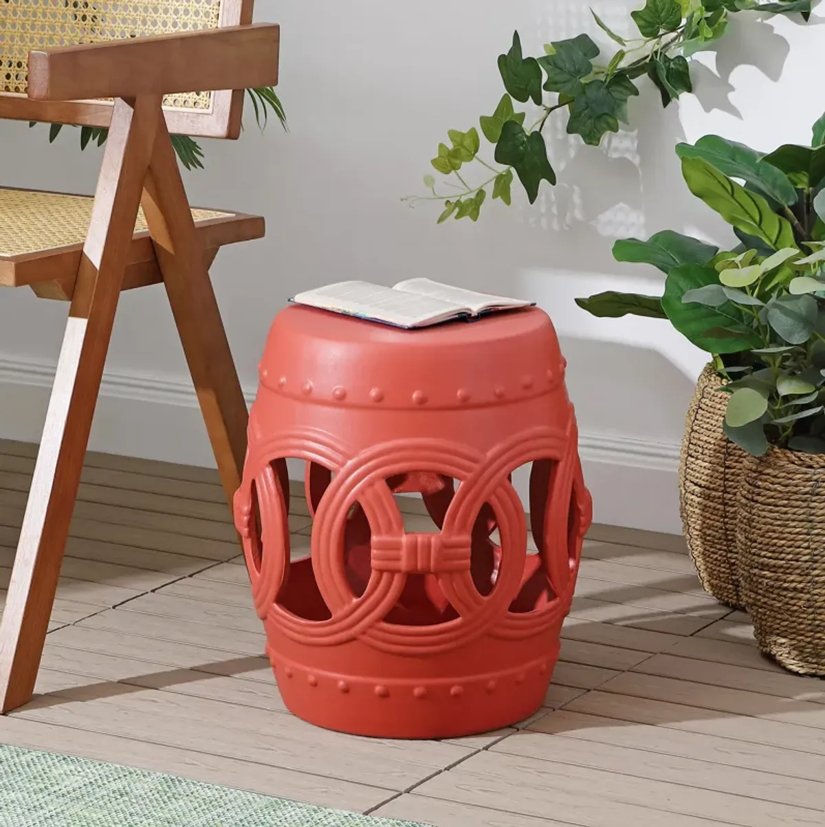 Lucky Coins 16" Chinese Ceramic Drum Garden Stool, Matte Coral