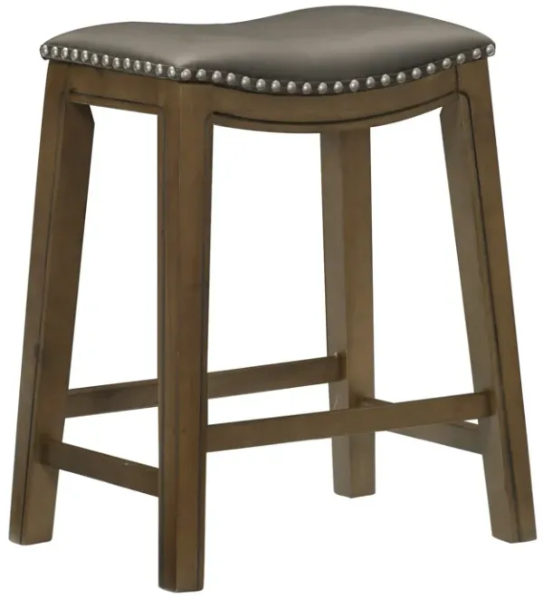Miel 26 Inch Counter Height Stool, Gray Faux Leather Seat, Brown Solid Wood - Benzara