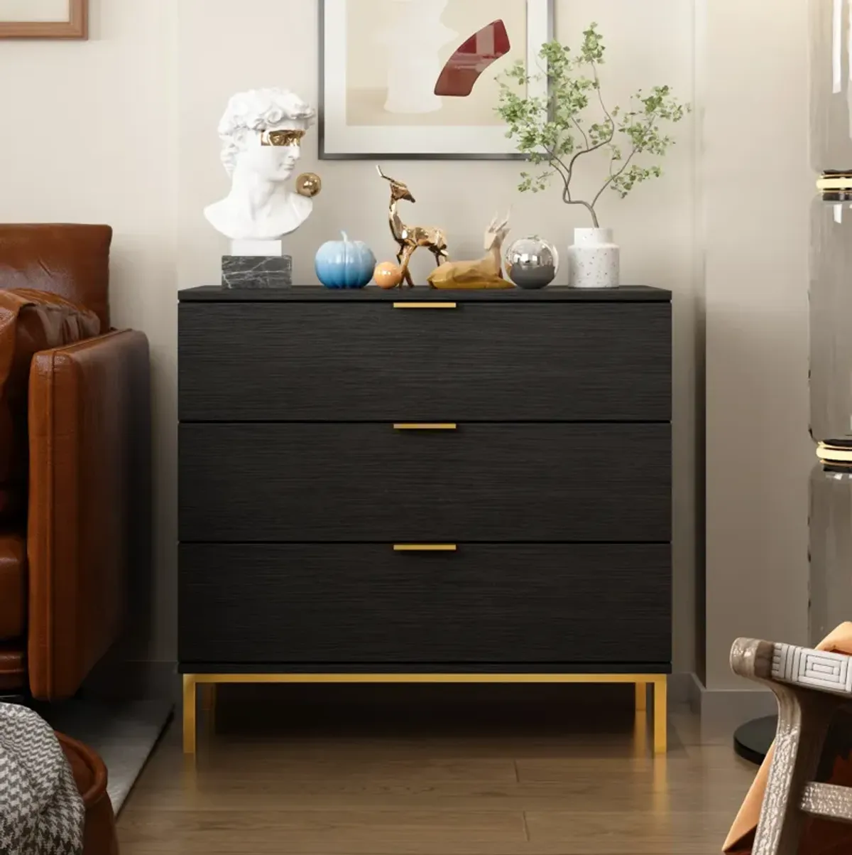 3-Drawers Black Wood Chest of Drawers Dresser Vanity Table Storage Cabinet Nightstand 29.7 in. H x 31.5 W x 15.7 D