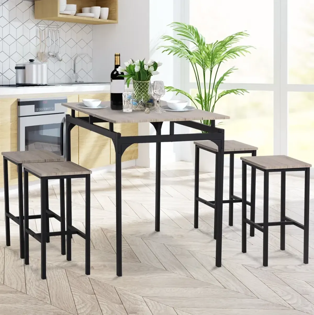 Industrial Dining Set: 5-Piece Natural Wood Table with Stools