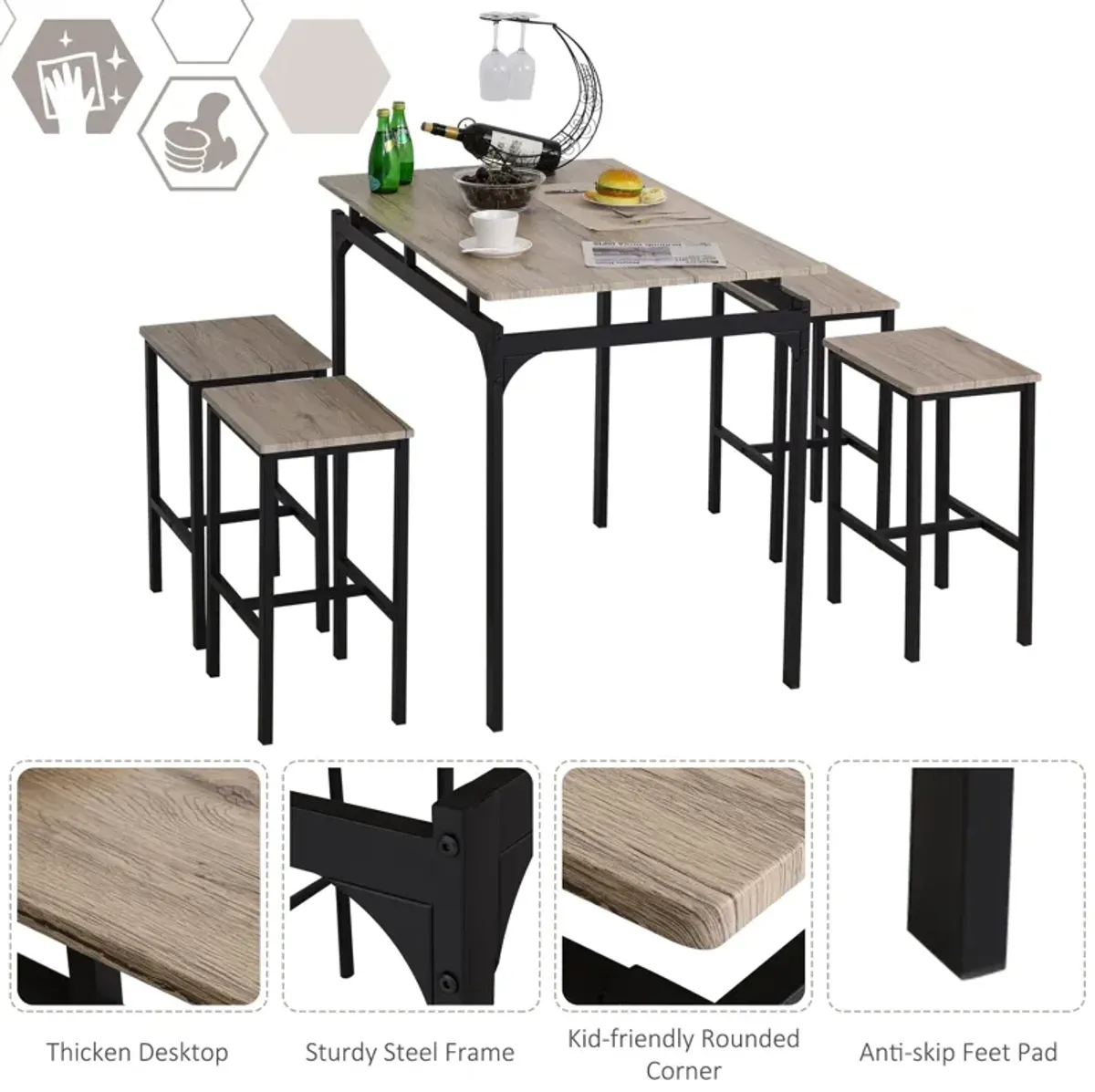 Industrial Dining Set: 5-Piece Natural Wood Table with Stools