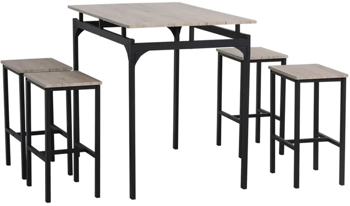 Industrial Dining Set: 5-Piece Natural Wood Table with Stools