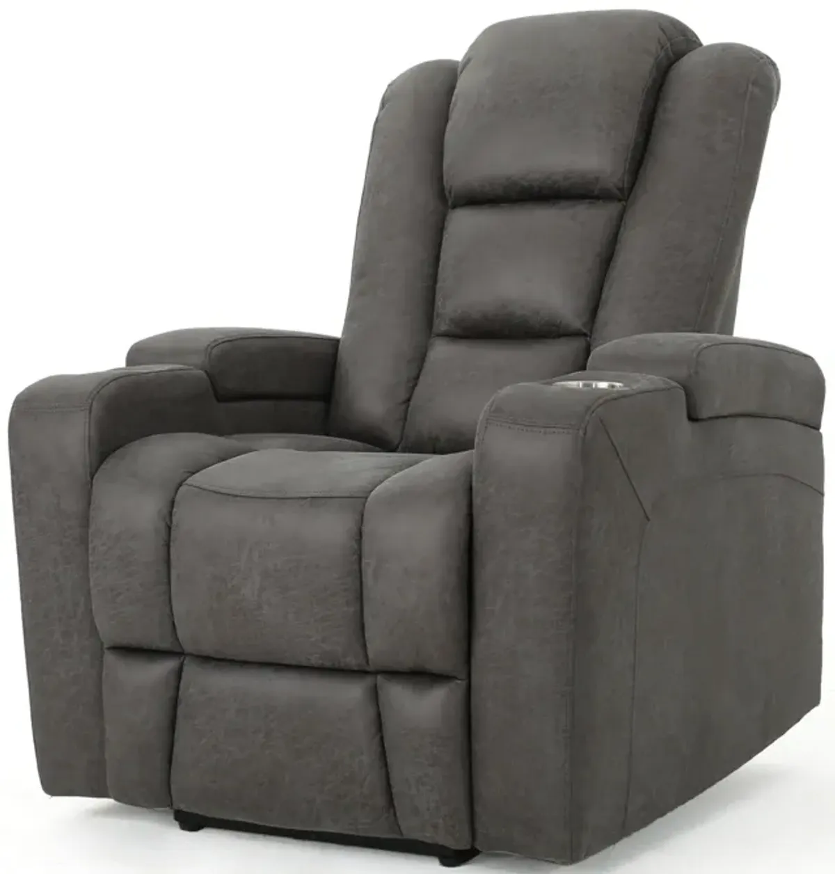 Yoma Power Recliner Chair with Storage, 2 Cupholders, USB, Gray Microfiber - Benzara