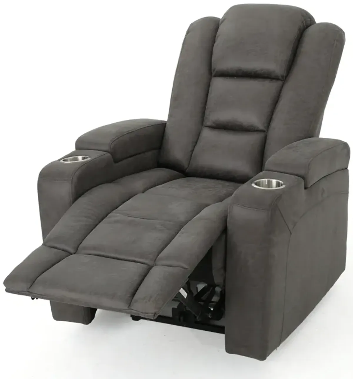 Yoma Power Recliner Chair with Storage, 2 Cupholders, USB, Gray Microfiber - Benzara