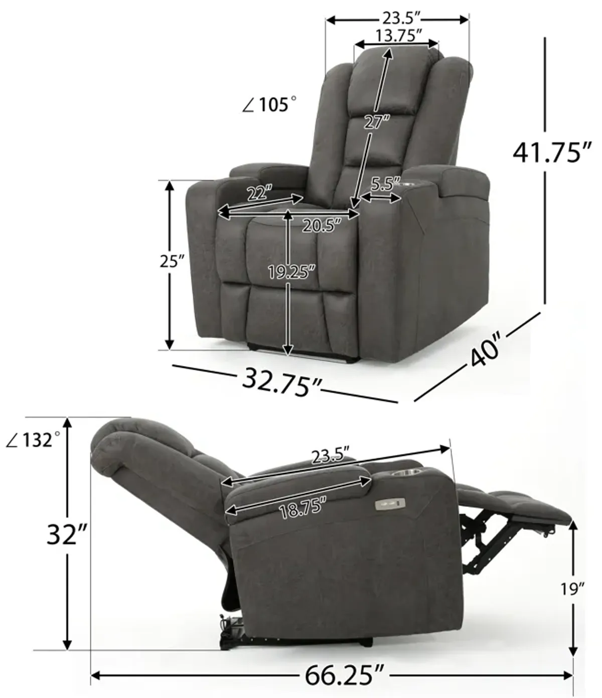 Yoma Power Recliner Chair with Storage, 2 Cupholders, USB, Gray Microfiber - Benzara