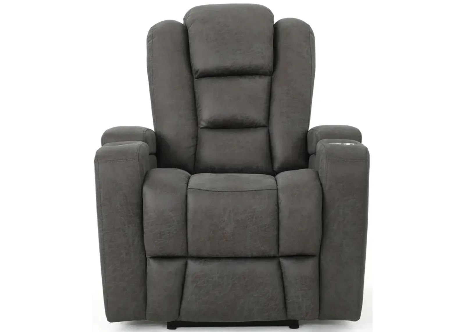 Yoma Power Recliner Chair with Storage, 2 Cupholders, USB, Gray Microfiber - Benzara