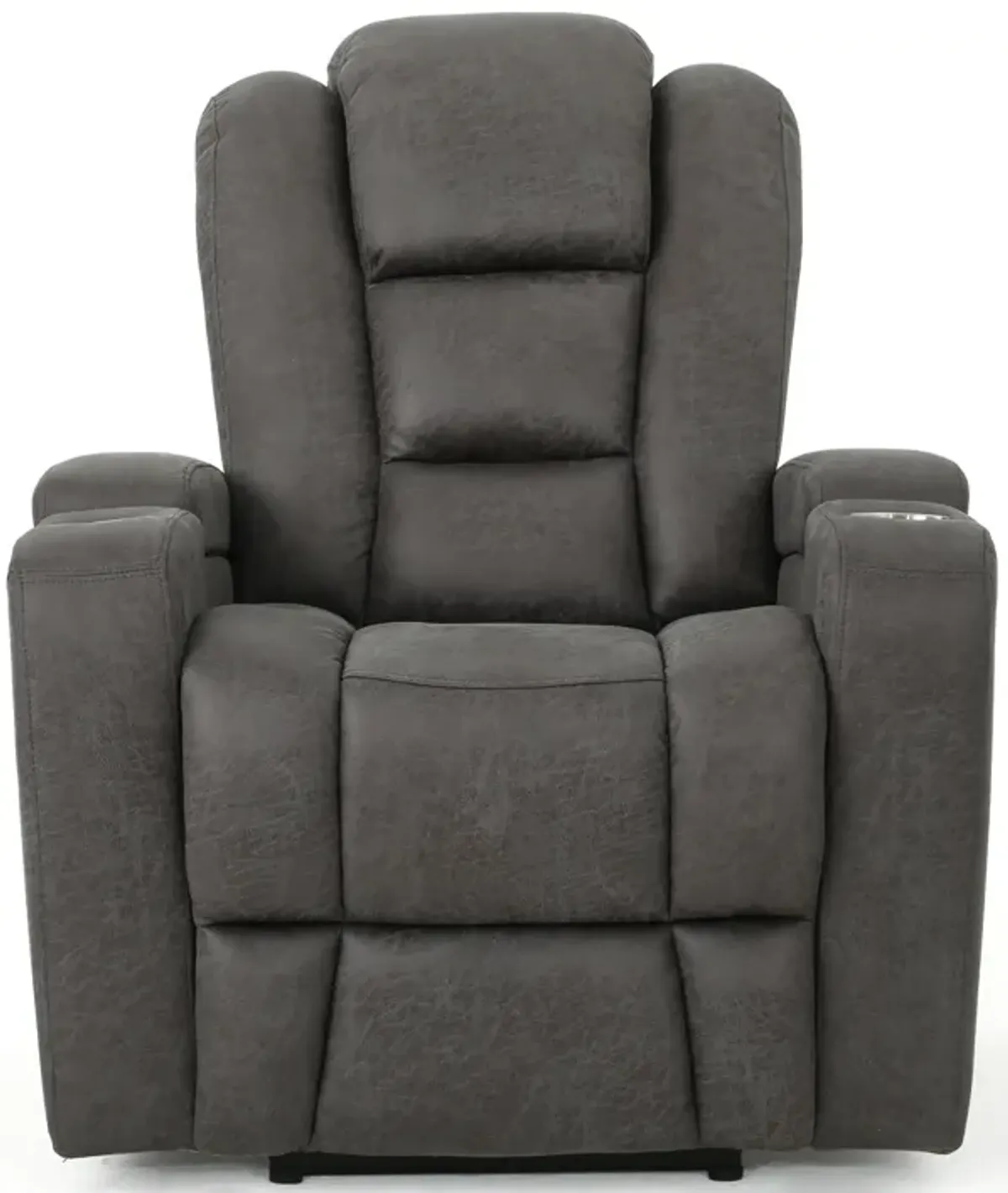 Yoma Power Recliner Chair with Storage, 2 Cupholders, USB, Gray Microfiber - Benzara