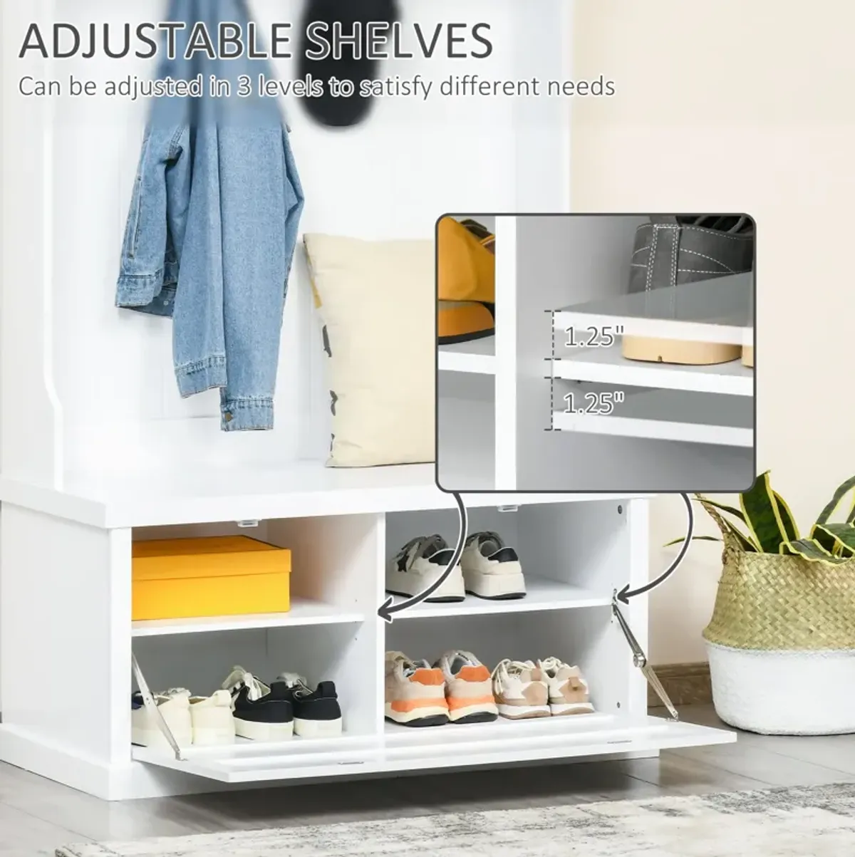 White Entryway Organizer: Modern Hall Tree with Shoe Bench & Coat Hooks