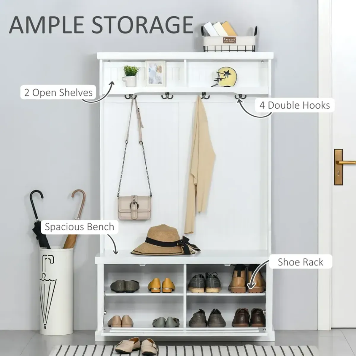 White Entryway Organizer: Modern Hall Tree with Shoe Bench & Coat Hooks