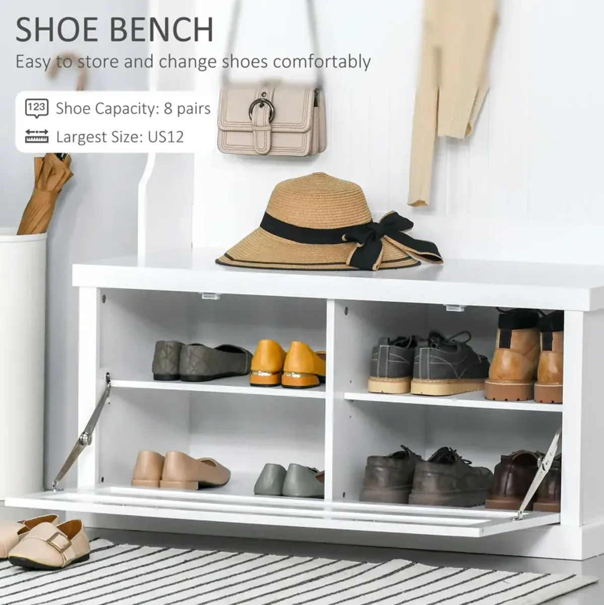 White Entryway Organizer: Modern Hall Tree with Shoe Bench & Coat Hooks