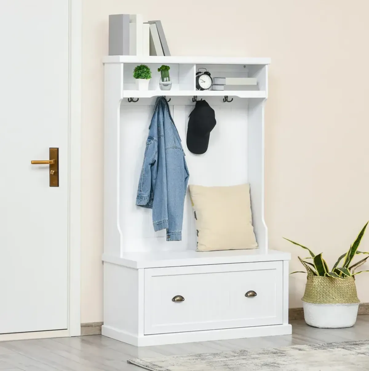 White Entryway Organizer: Modern Hall Tree with Shoe Bench & Coat Hooks