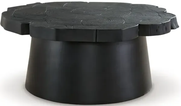 Wim Coffee Table, Live Edge Black Acacia Wood, Metal, Round 42 Inch - Benzara