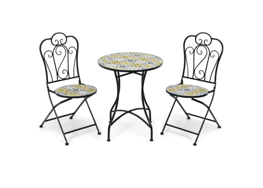 Hivvago 3 Pieces Patio Bistro Mosaic Design Set with Folding Chairs and Round Table