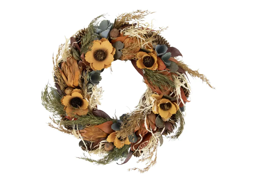 Sunflower and Straw Artificial Fall Harvest Wreath  12-Inch  Unlit