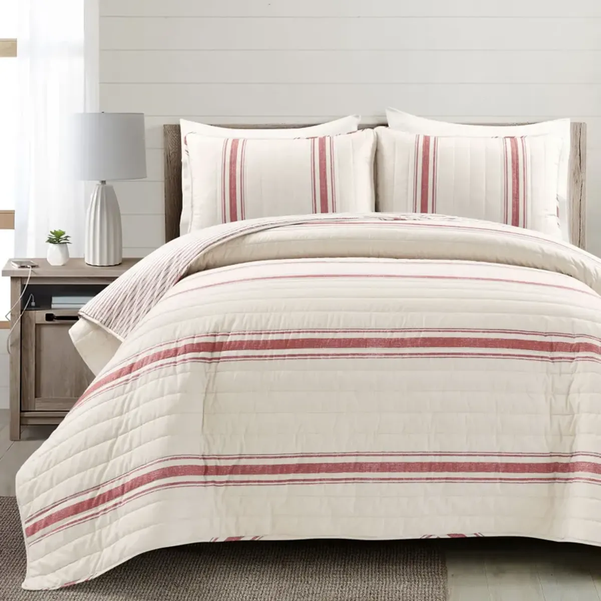 Farmhouse Stripe Reversible Cotton Quilt 3Pc Set