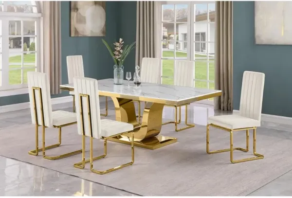 7pc Large(76") marble top dining set with gold base and 6 Cream side chairs
