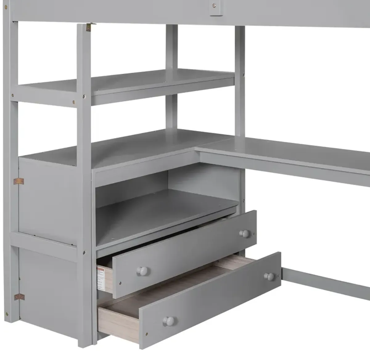 Whisen Twin Size Wood Loft Bed with Desk, Shelves, Two Built-in Drawers and Storage Staircase - Gray