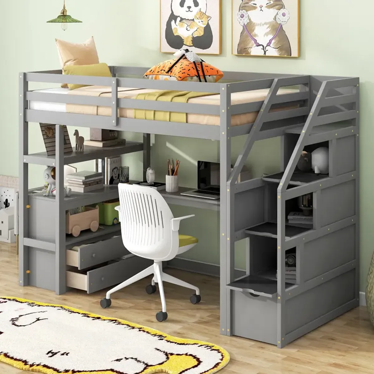 Whisen Twin Size Wood Loft Bed with Desk, Shelves, Two Built-in Drawers and Storage Staircase - Gray